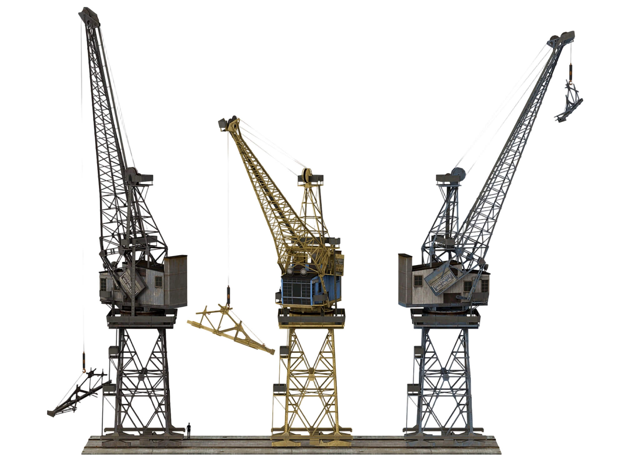 Three Weathered Port Dock Cranes on Shared Rail Base 3D Model