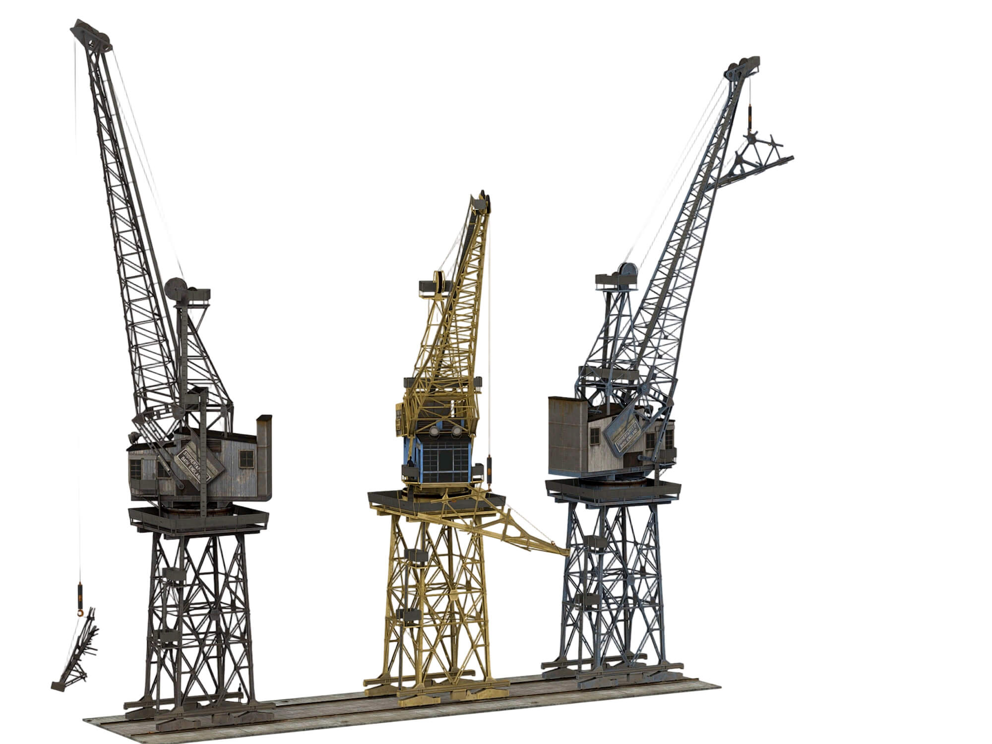 Three Weathered Port Dock Cranes on Shared Rail Base 3D Model