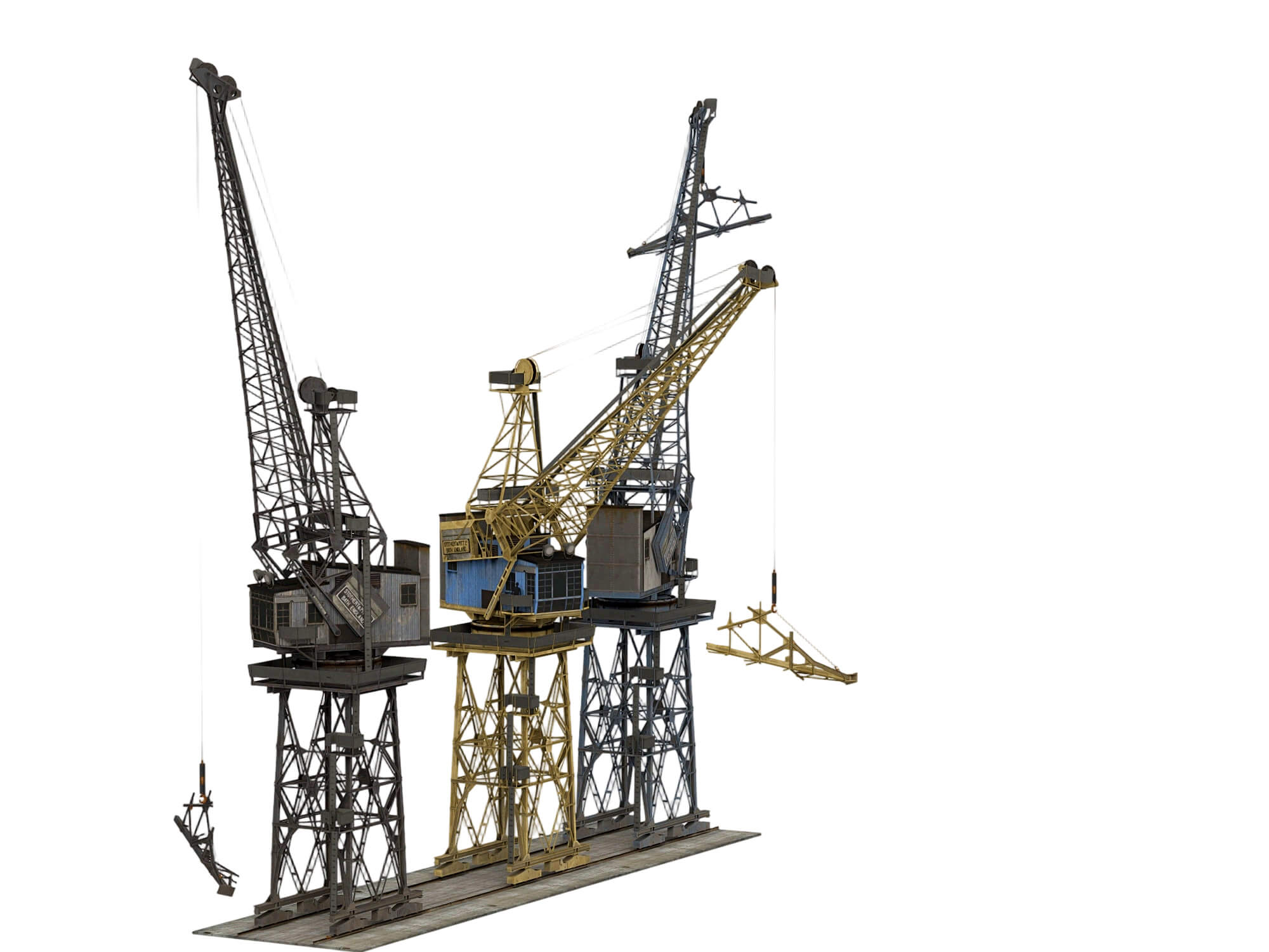 Three Weathered Port Dock Cranes on Shared Rail Base 3D Model