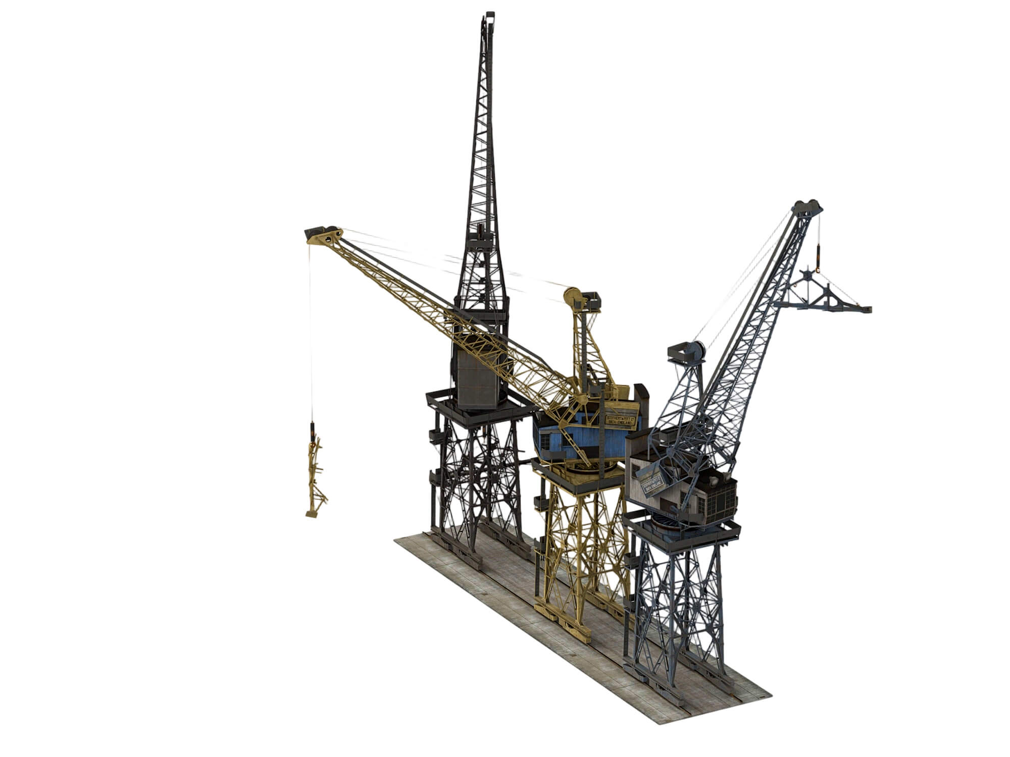 Three Weathered Port Dock Cranes on Shared Rail Base 3D Model
