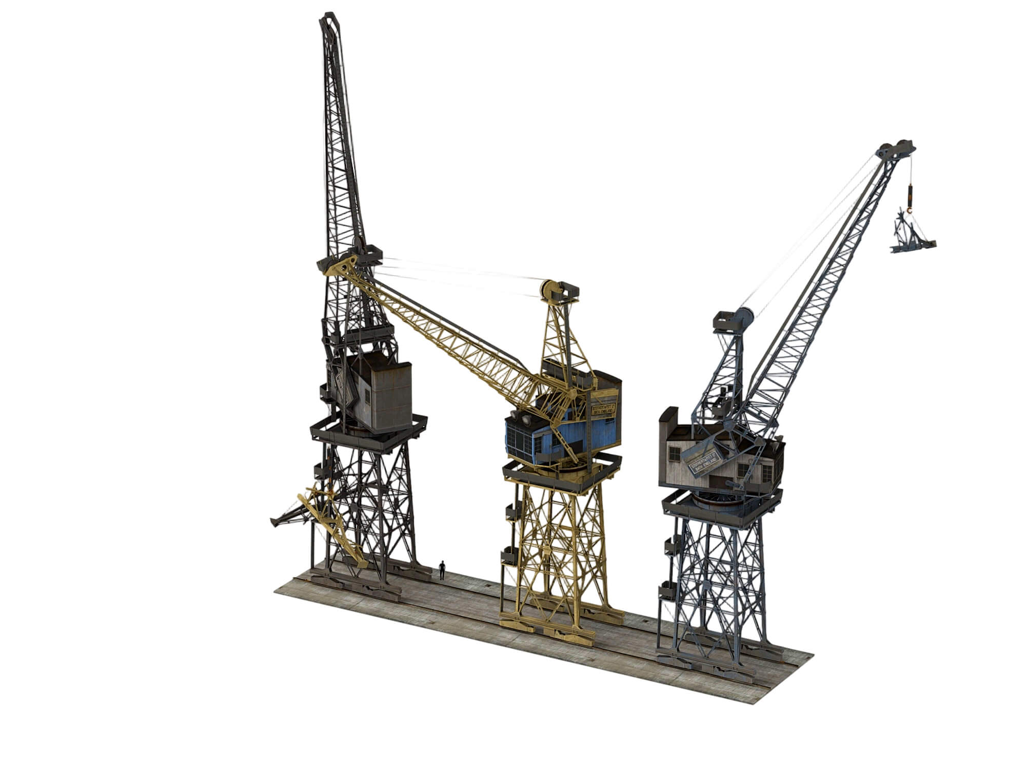 Three Weathered Port Dock Cranes on Shared Rail Base 3D Model