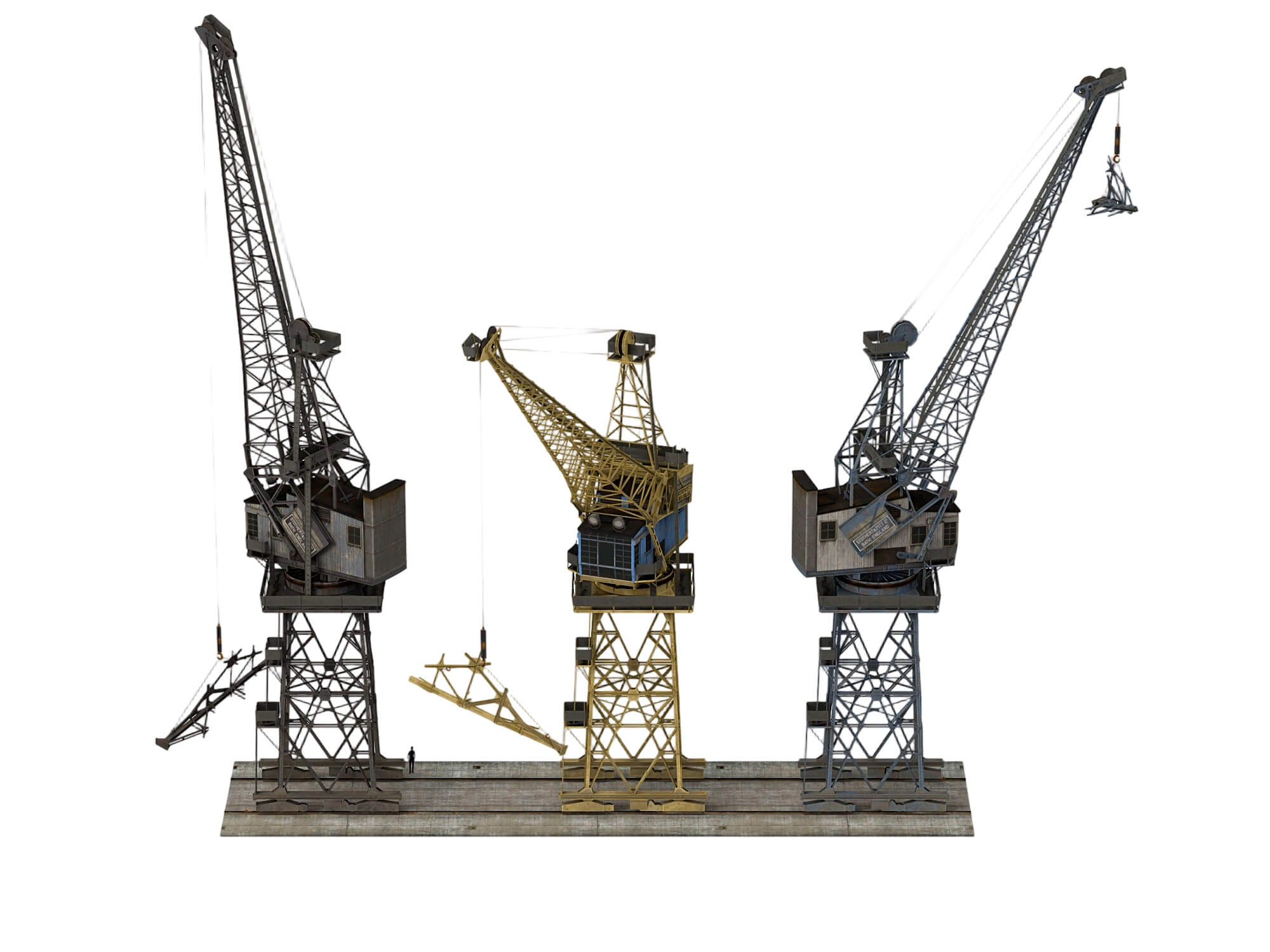 Three Weathered Port Dock Cranes on Shared Rail Base 3D Model
