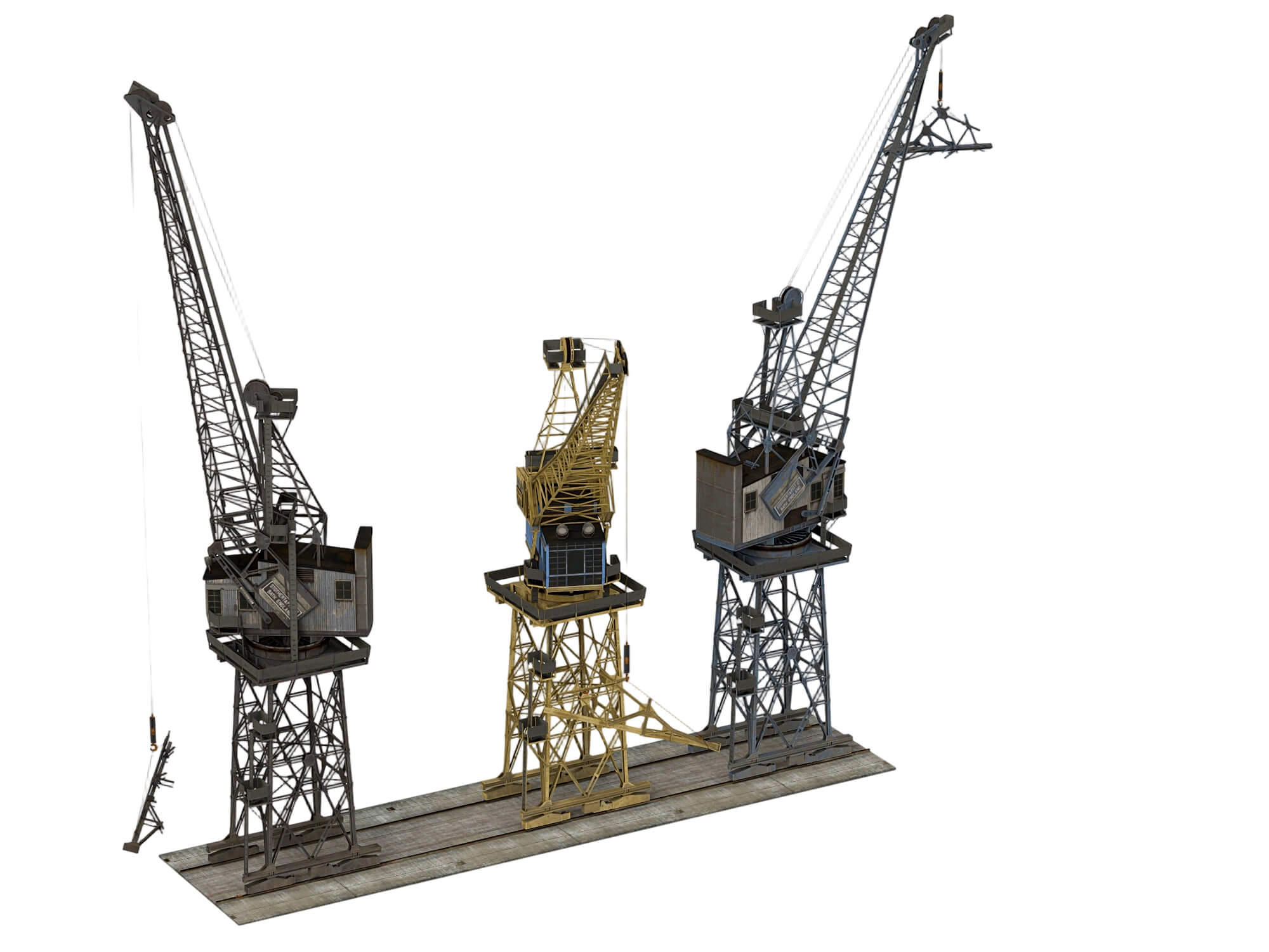 Three Weathered Port Dock Cranes on Shared Rail Base 3D Model
