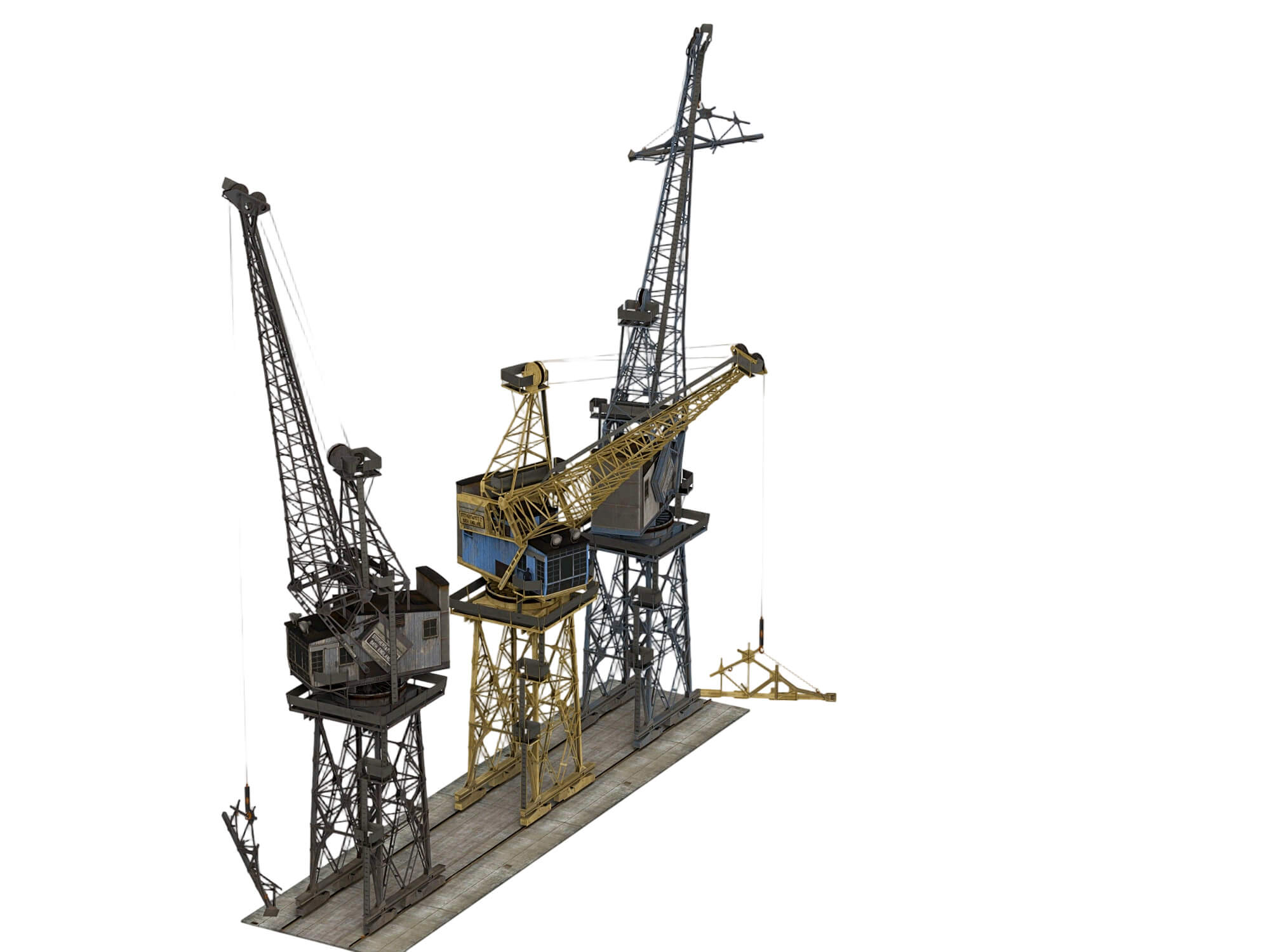 Three Weathered Port Dock Cranes on Shared Rail Base 3D Model
