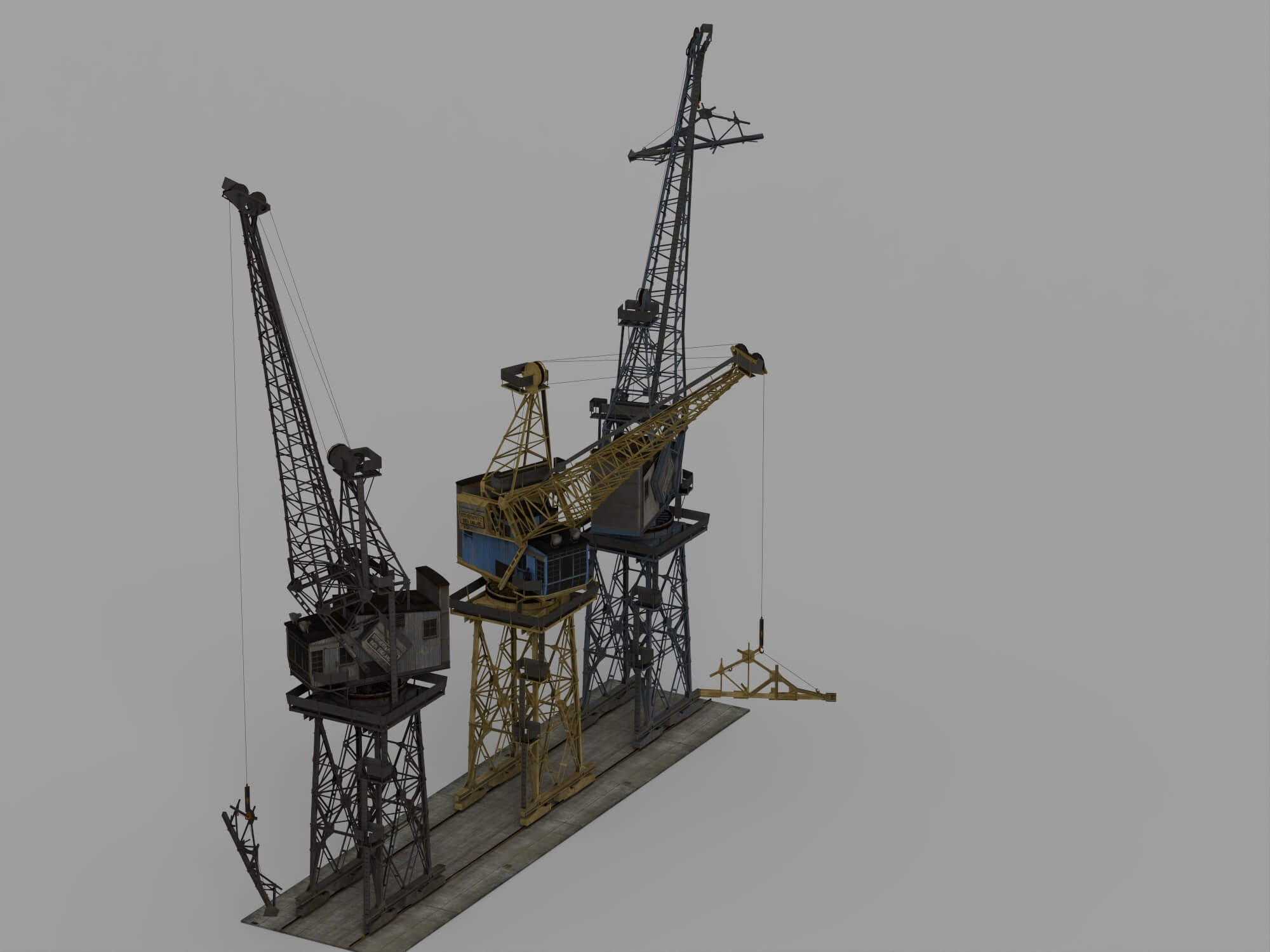 Three Weathered Port Dock Cranes on Shared Rail Base 3D Model