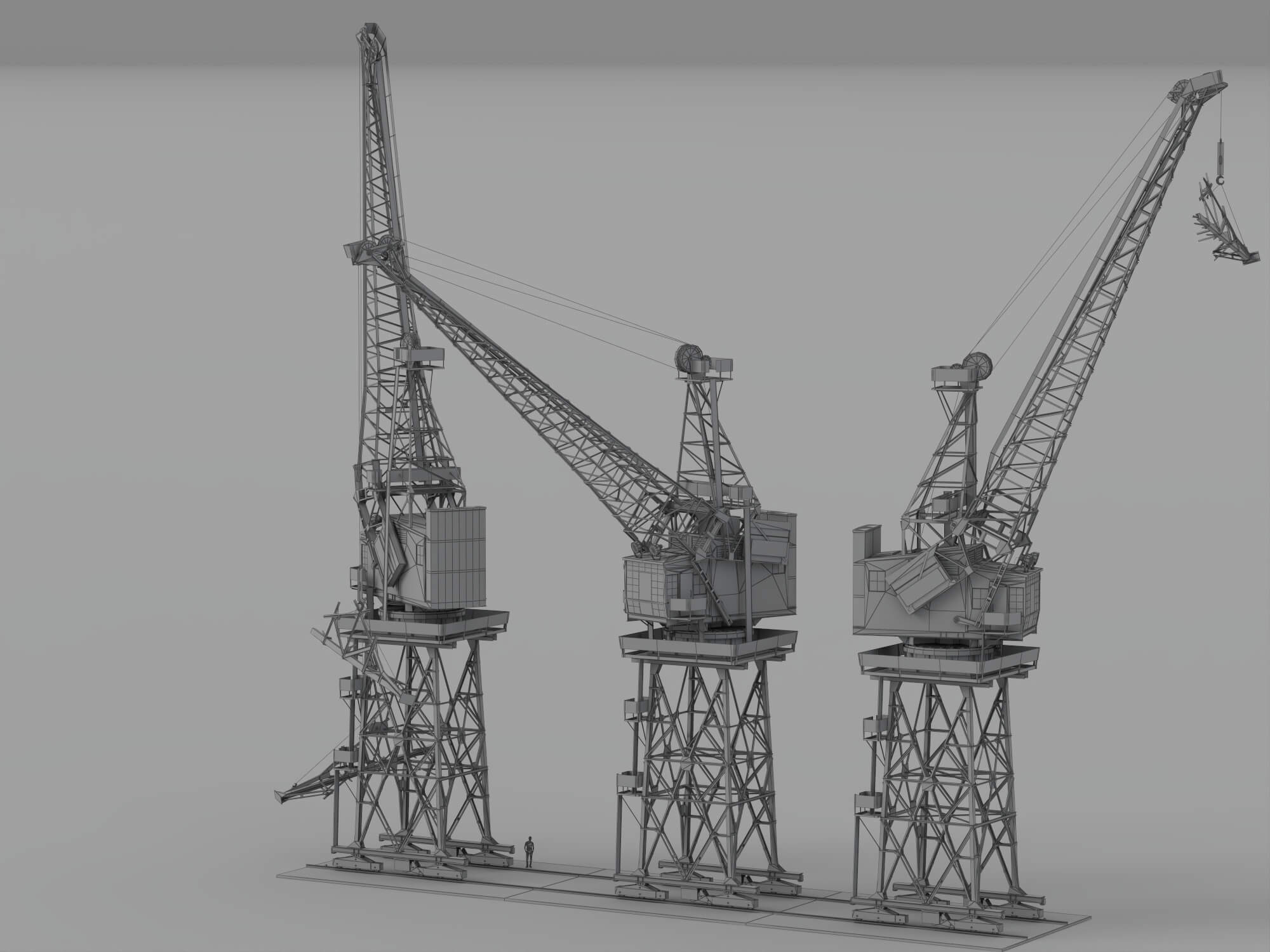 Three Weathered Port Dock Cranes on Shared Rail Base 3D Model