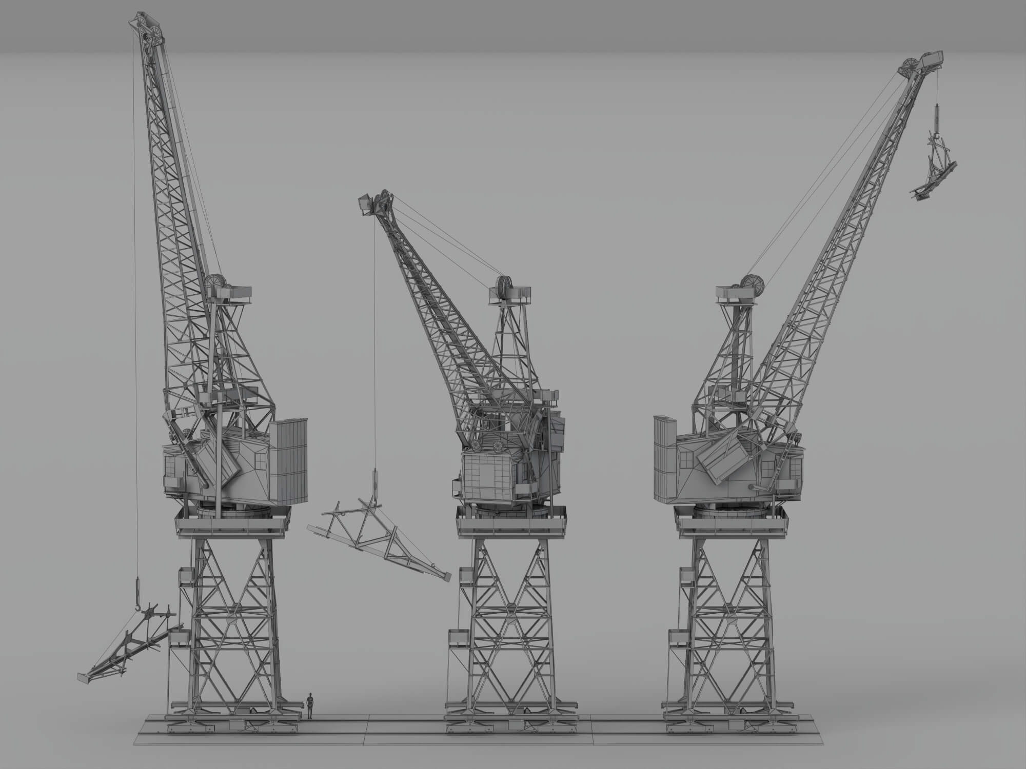 Three Weathered Port Dock Cranes on Shared Rail Base 3D Model
