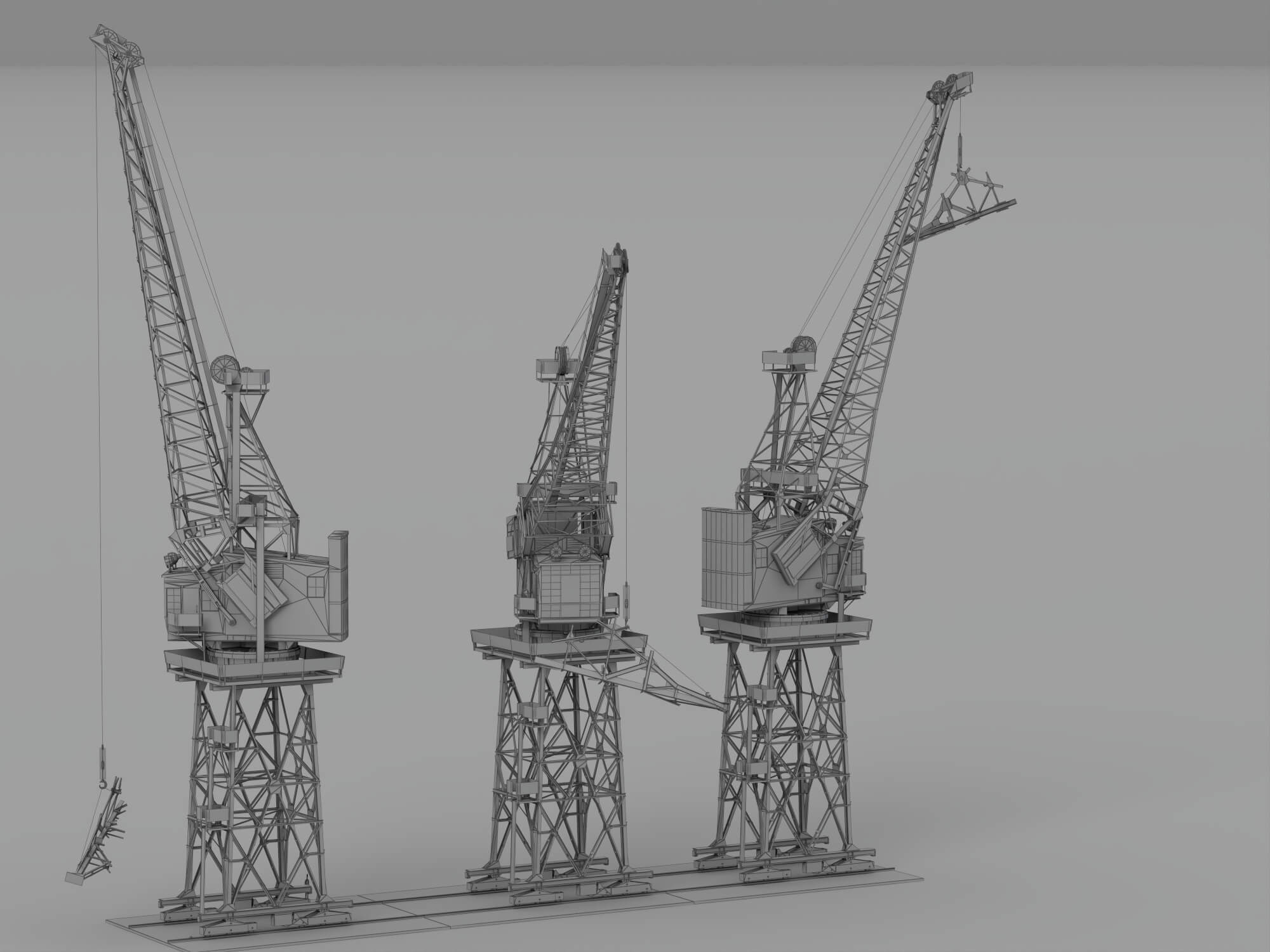 Three Weathered Port Dock Cranes on Shared Rail Base 3D Model