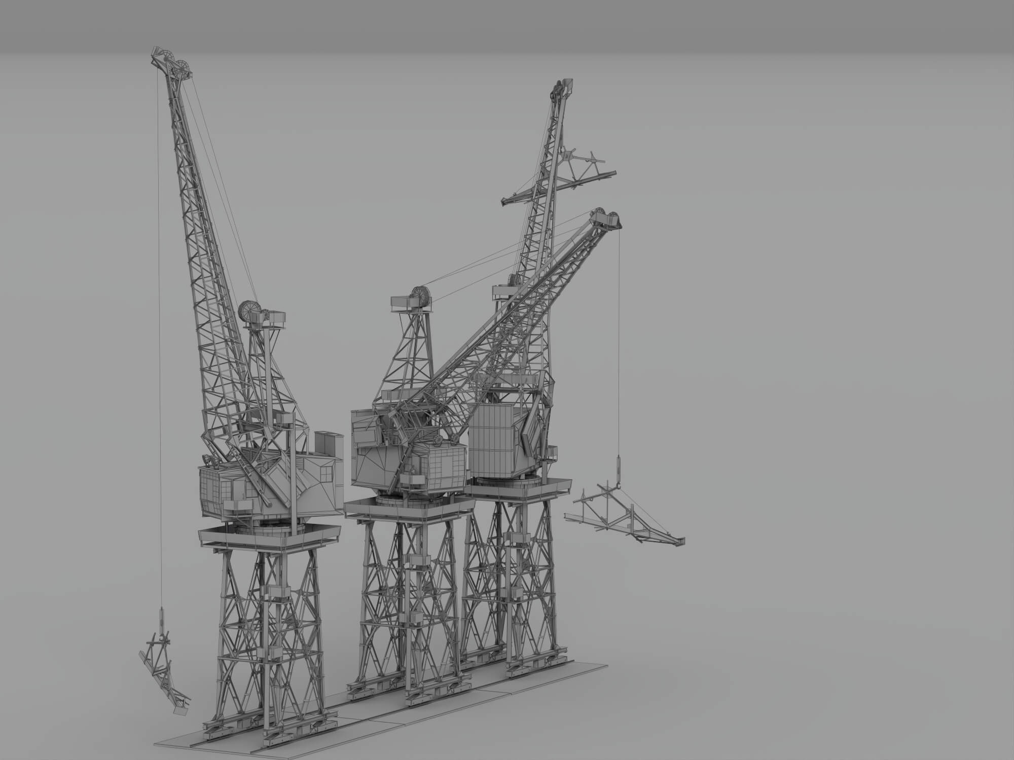 Three Weathered Port Dock Cranes on Shared Rail Base 3D Model