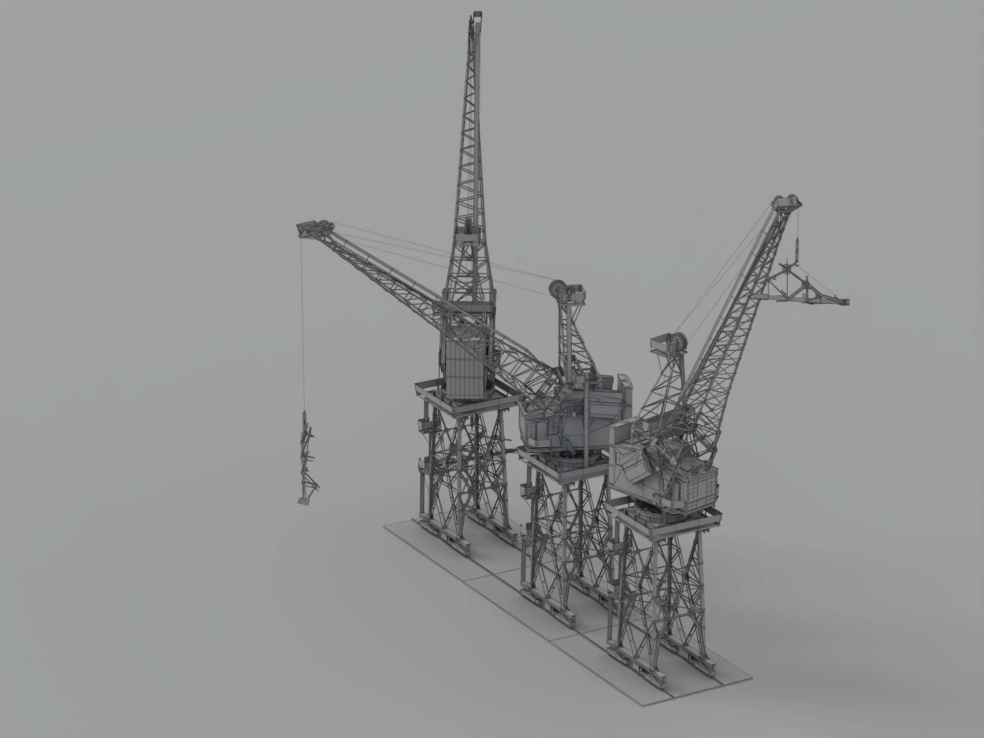 Three Weathered Port Dock Cranes on Shared Rail Base 3D Model