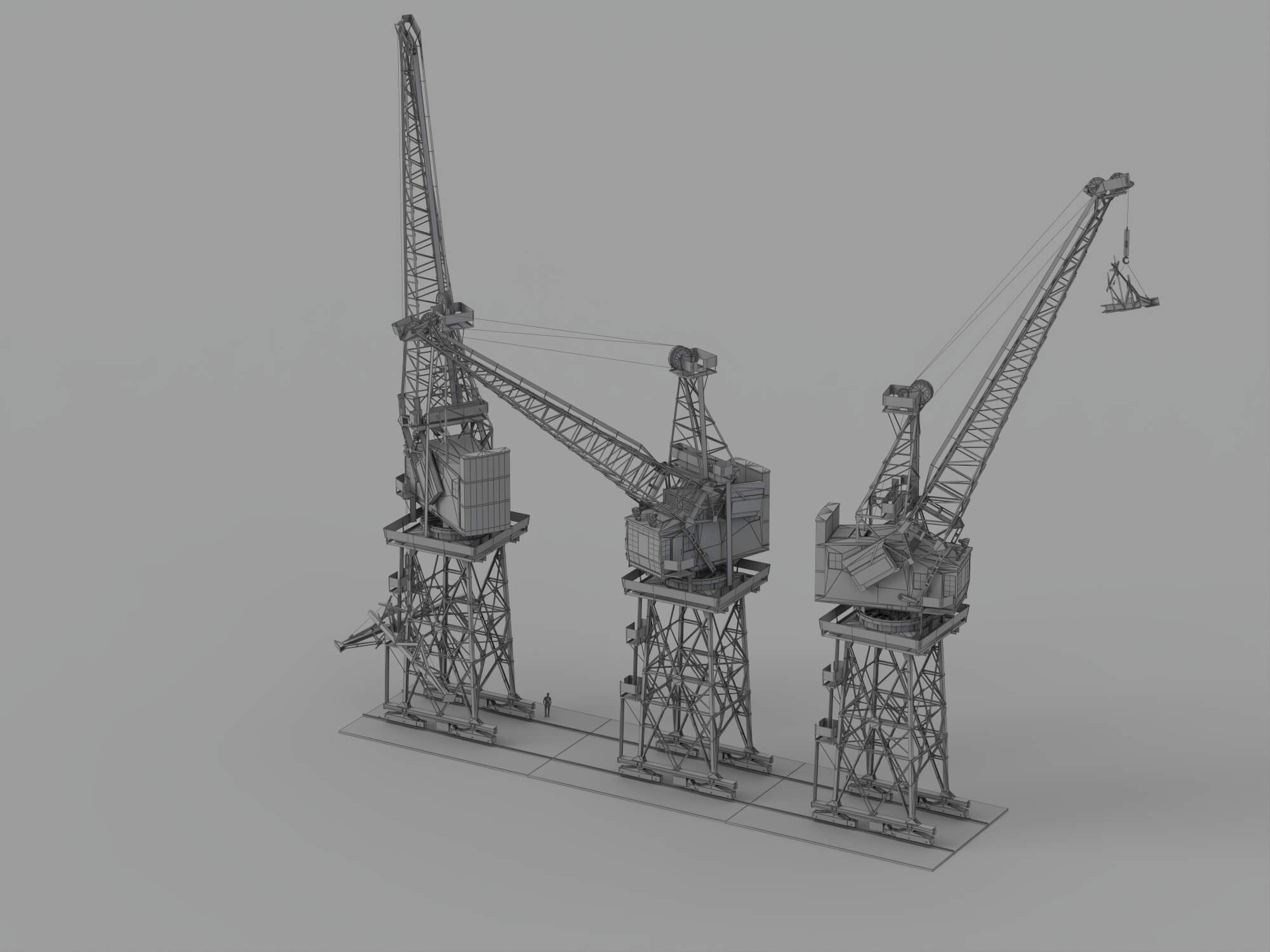 Three Weathered Port Dock Cranes on Shared Rail Base 3D Model