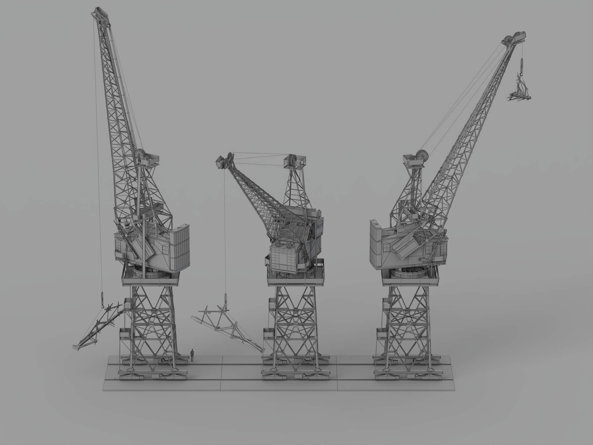 Three Weathered Port Dock Cranes on Shared Rail Base 3D Model