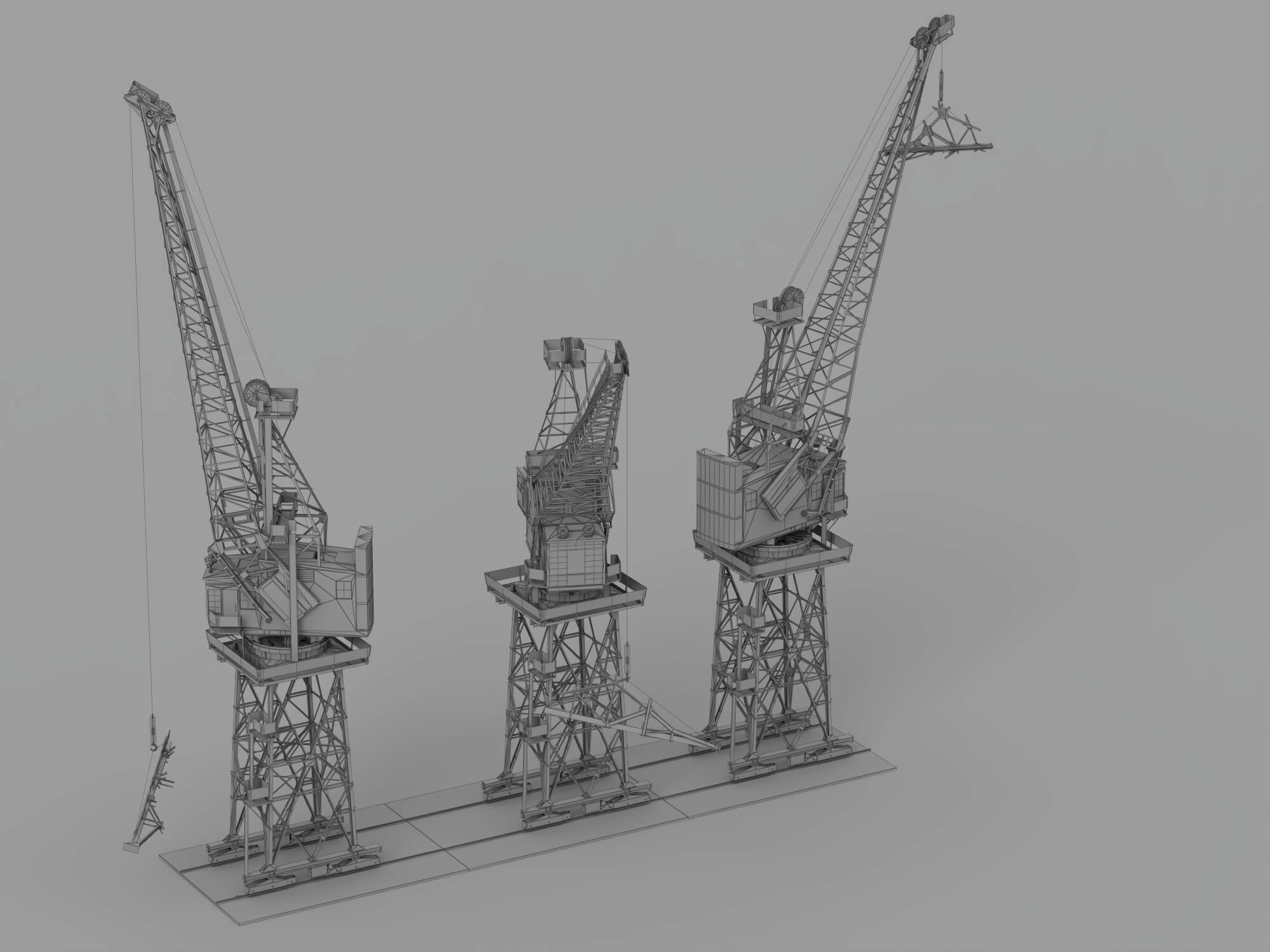 Three Weathered Port Dock Cranes on Shared Rail Base 3D Model
