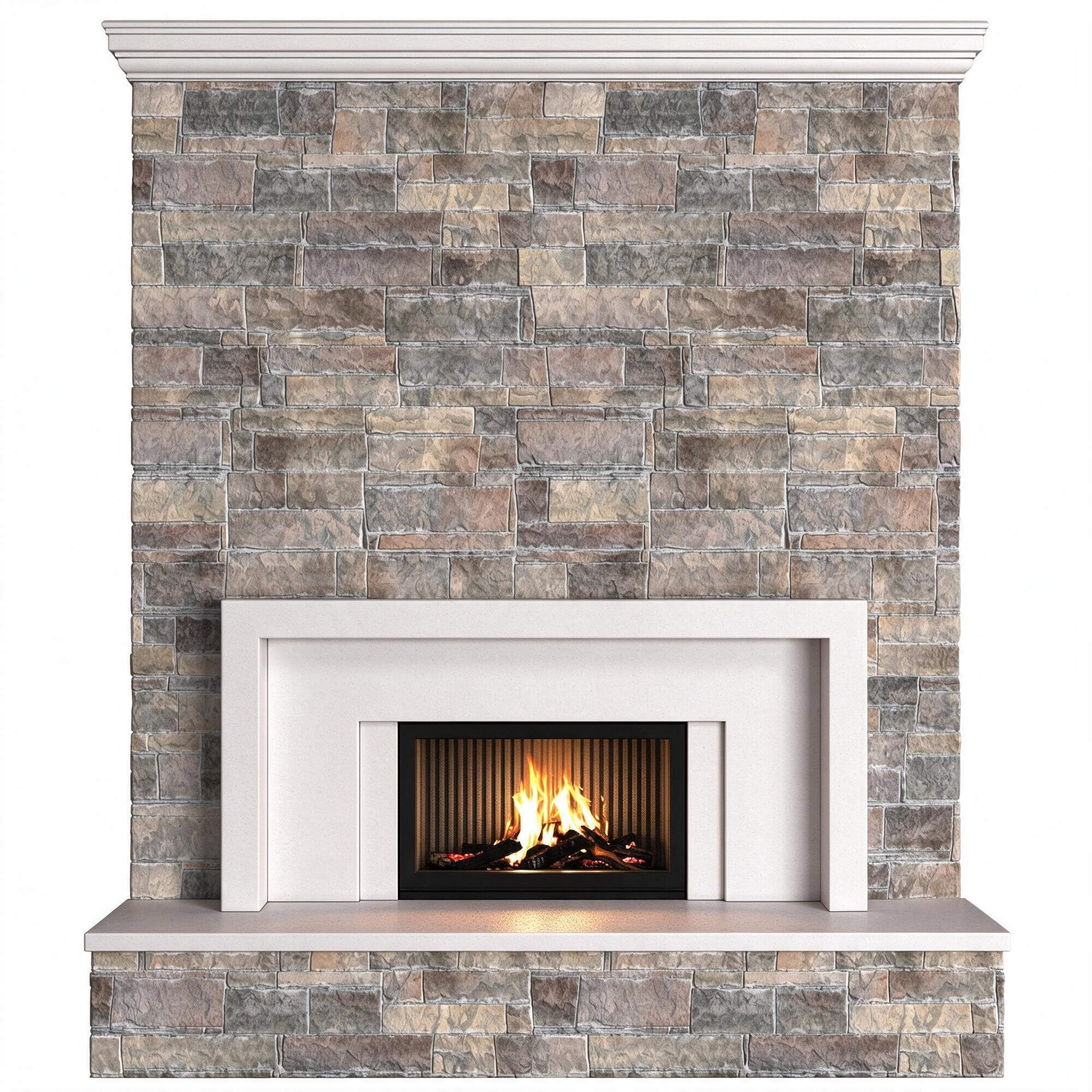 Traditional Stacked Stone Fireplace with White Mantel Surrou 3D Model