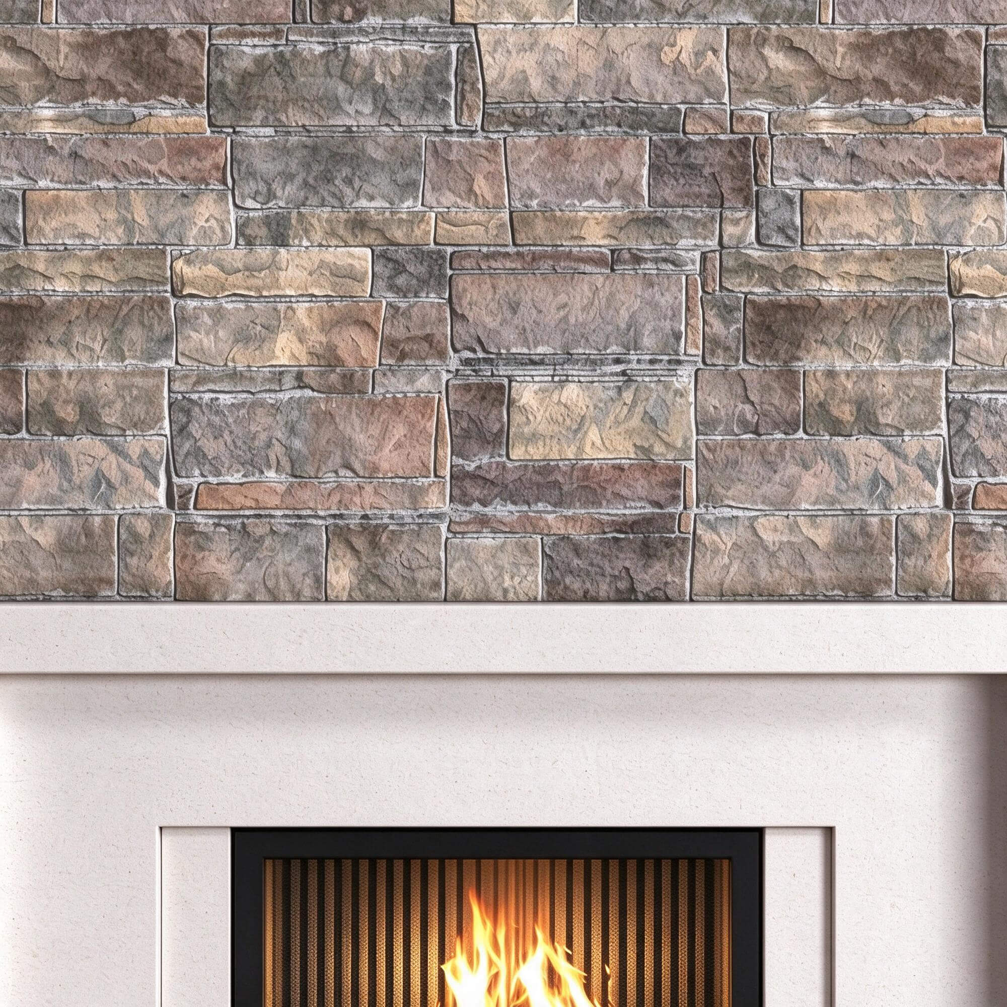 Traditional Stacked Stone Fireplace with White Mantel Surrou 3D Model