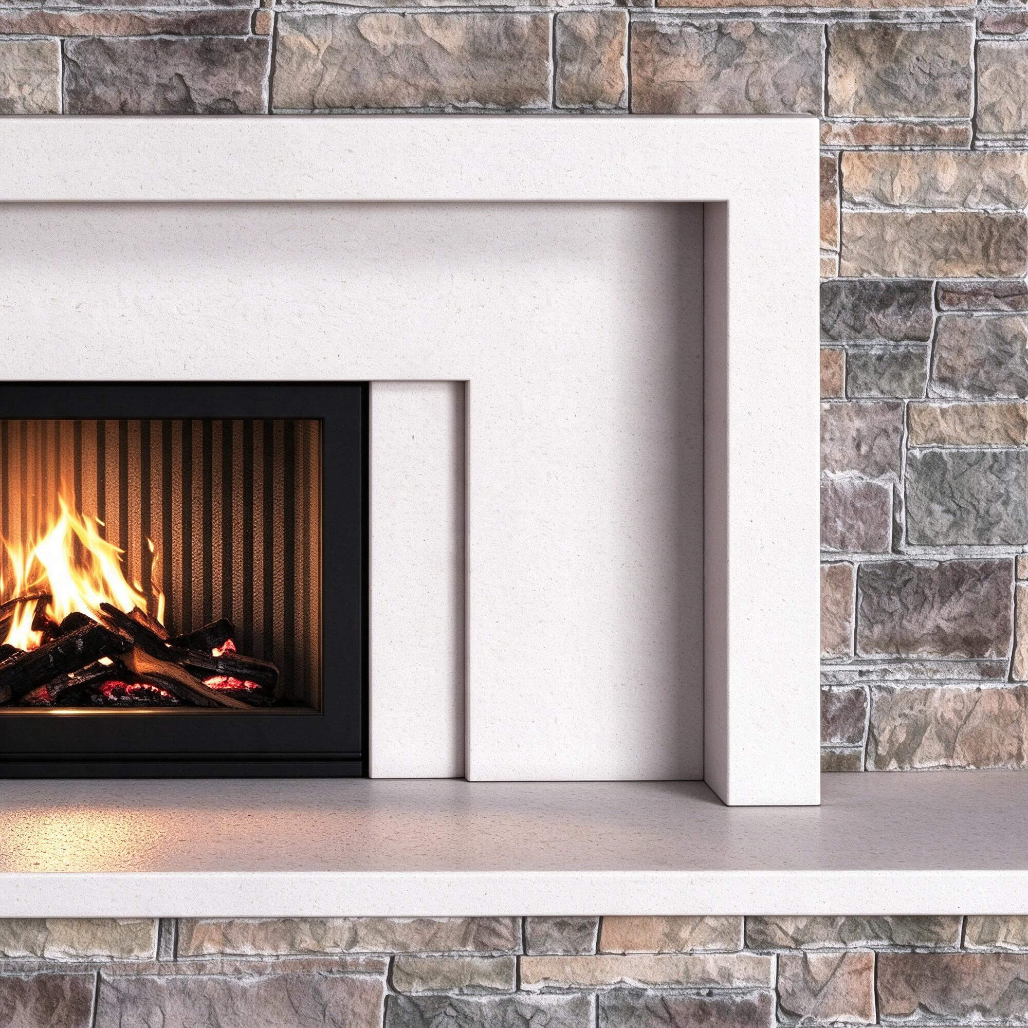 Traditional Stacked Stone Fireplace with White Mantel Surrou 3D Model