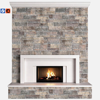 Traditional Stacked Stone Fireplace with White Mantel Surrou