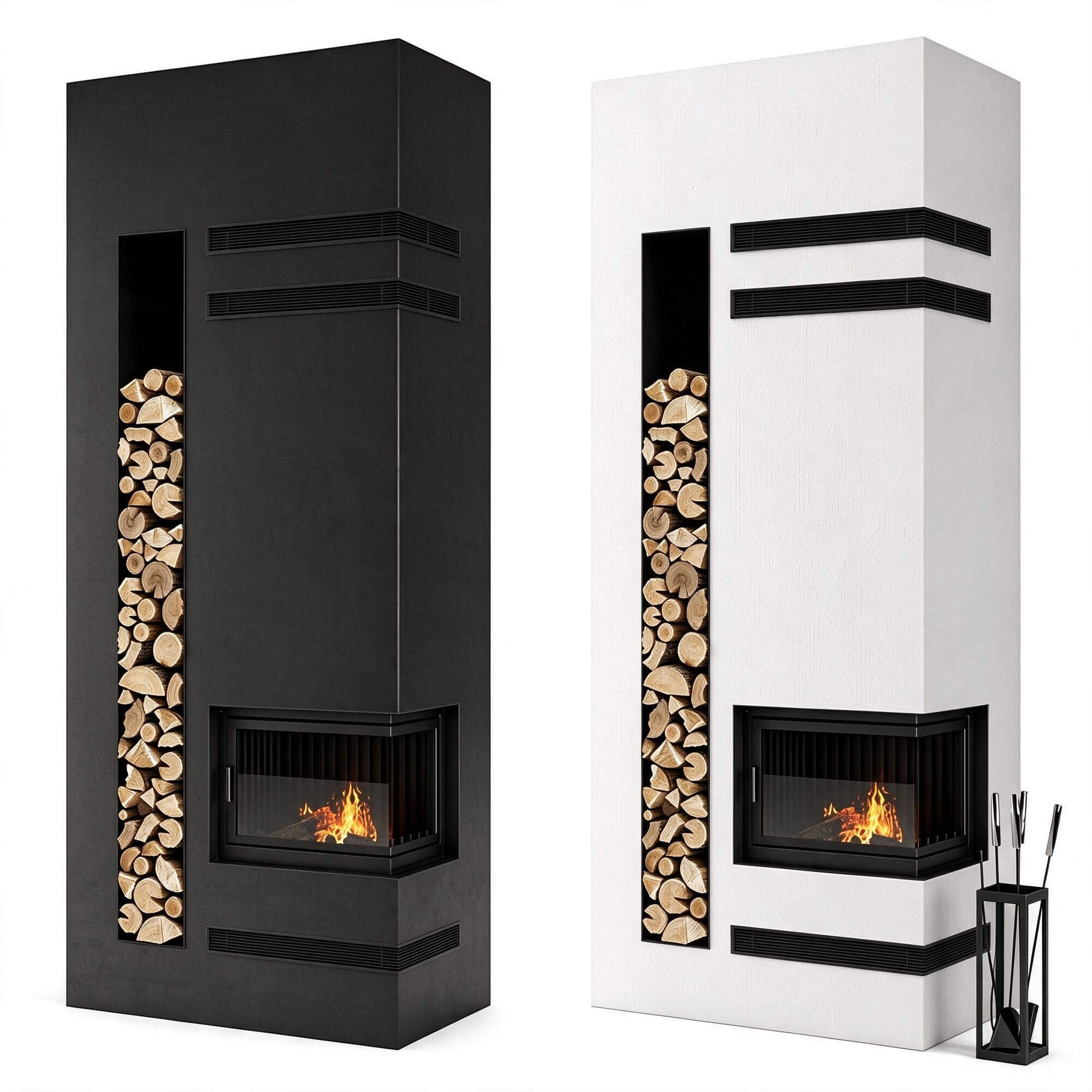 Two Color Tall Modern Wood Stove Fireplace with Built In Log 3D Model