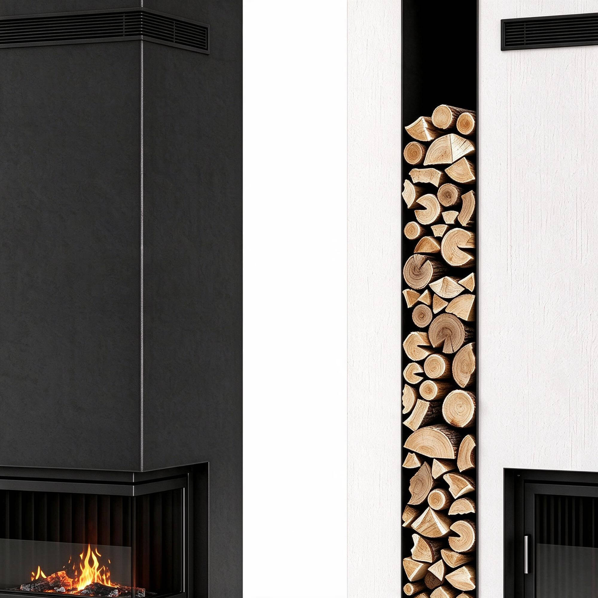 Two Color Tall Modern Wood Stove Fireplace with Built In Log 3D Model