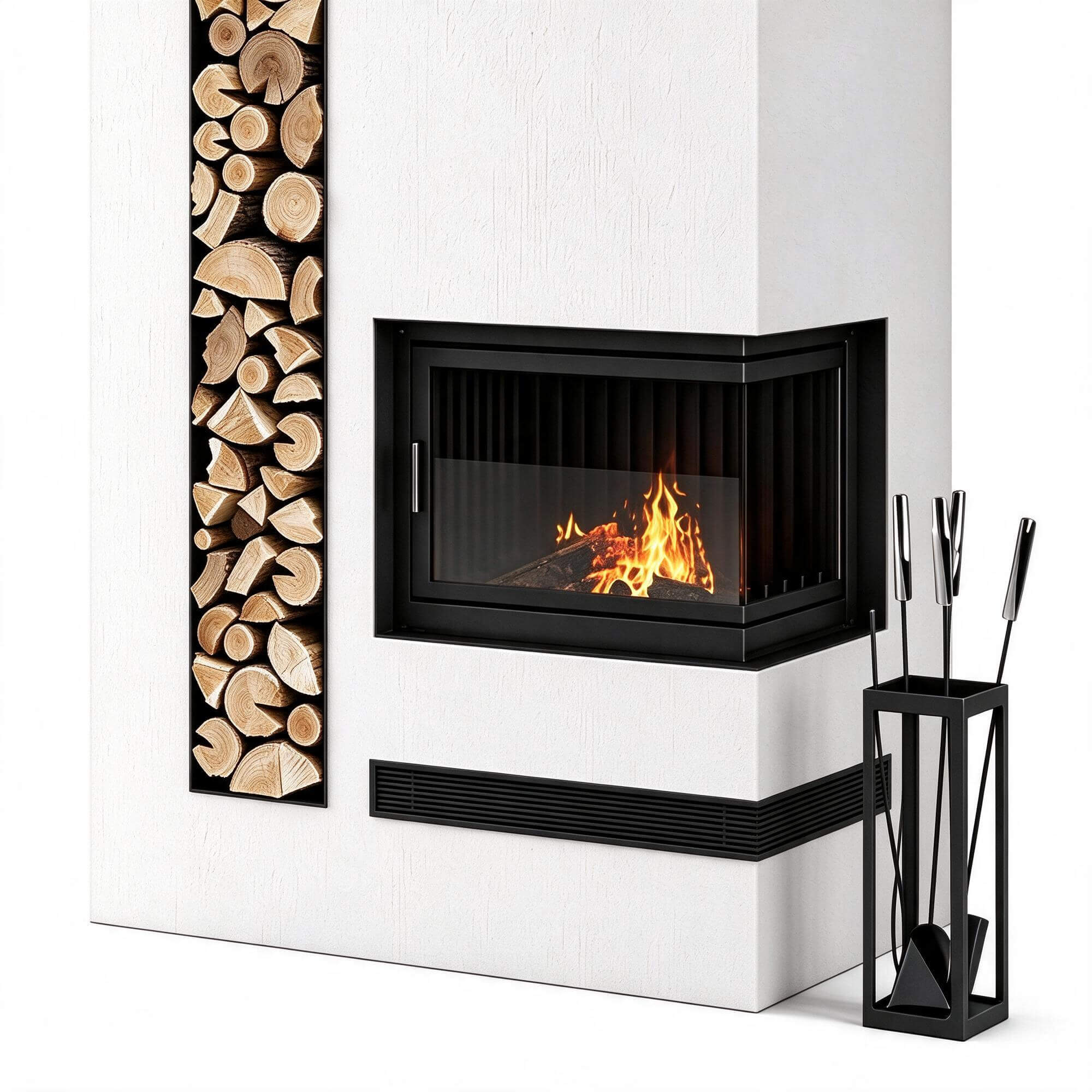 Two Color Tall Modern Wood Stove Fireplace with Built In Log 3D Model