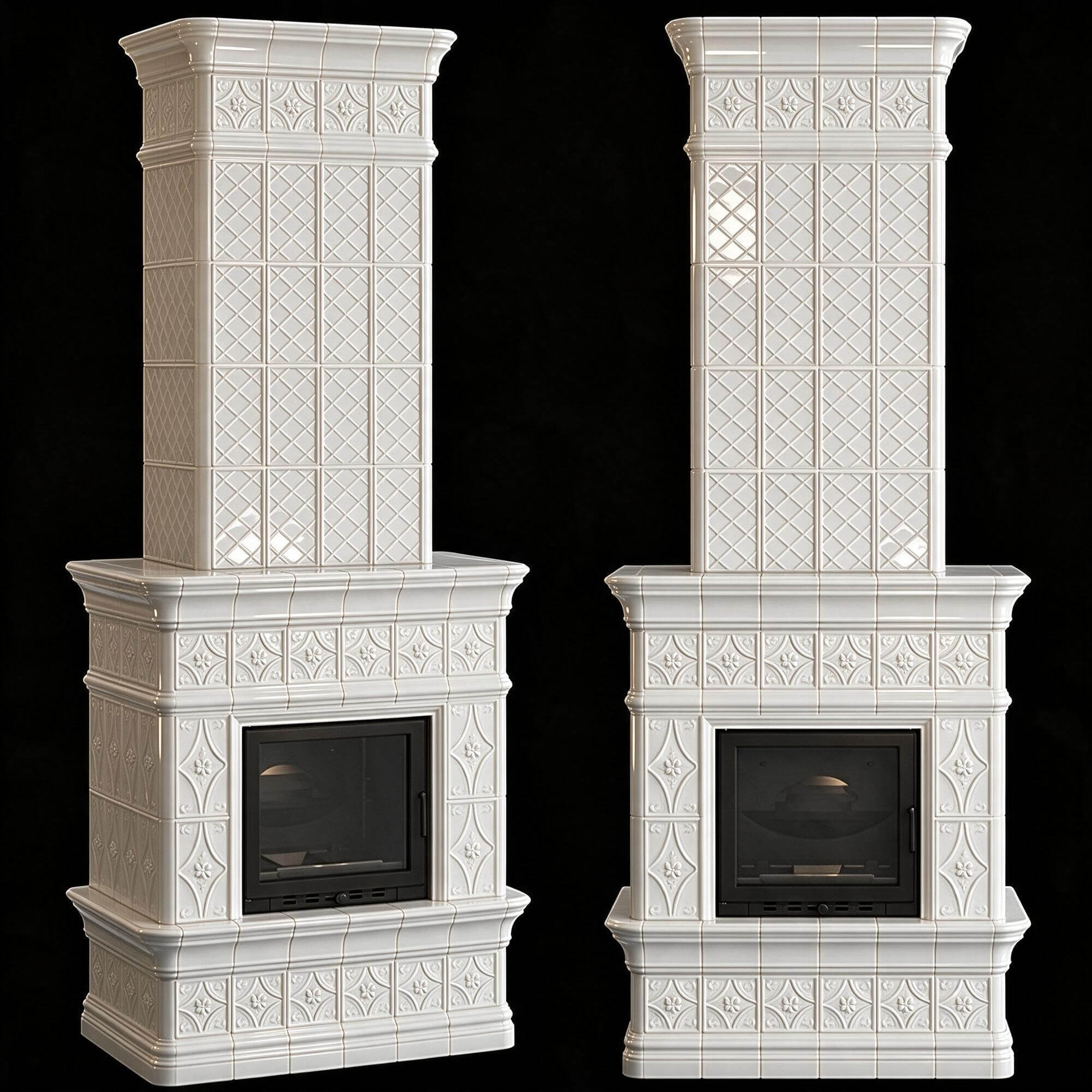Two Style White Ceramic Tile Stove Fireplace 3D Model 3D Model