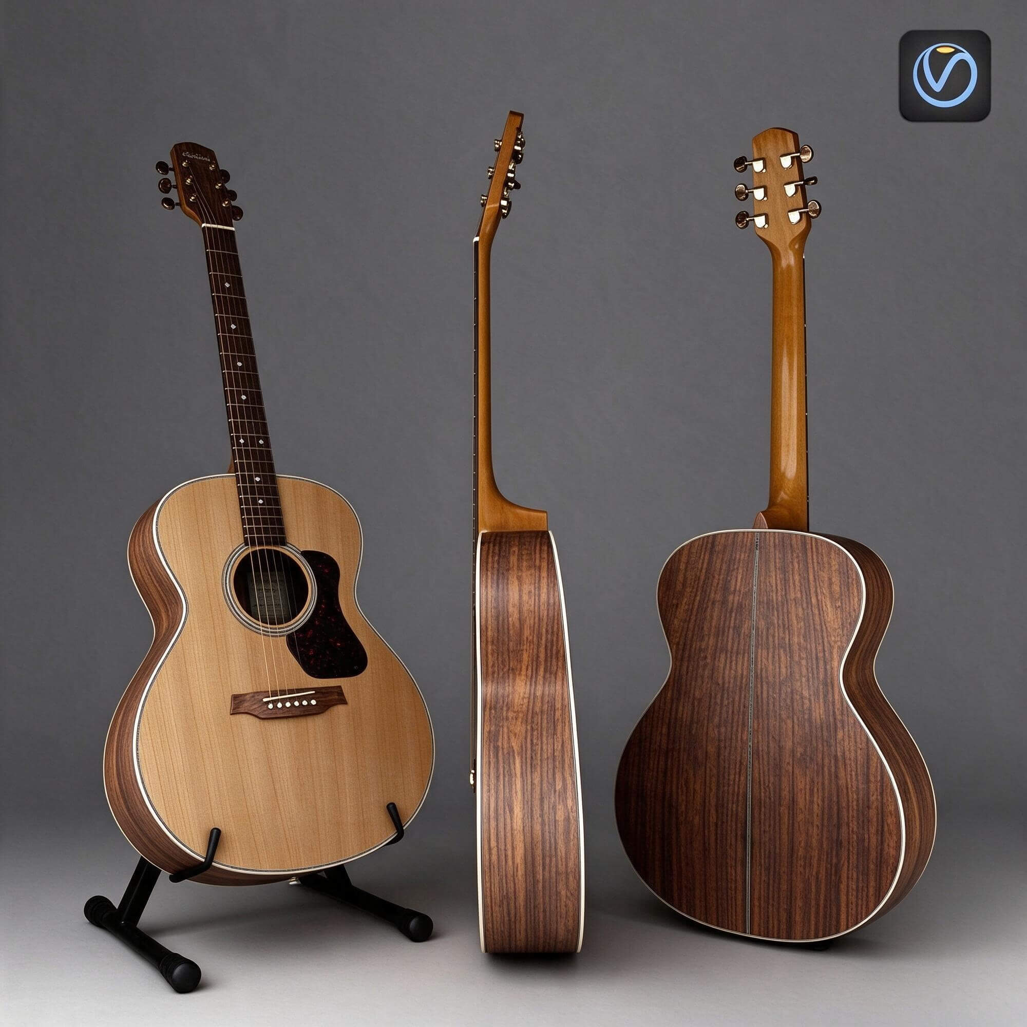 Wooden Acoustic Guitar 3 Views 3D Model 3D Model