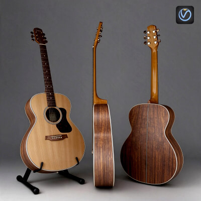Wooden Acoustic Guitar 3 Views 3D Model