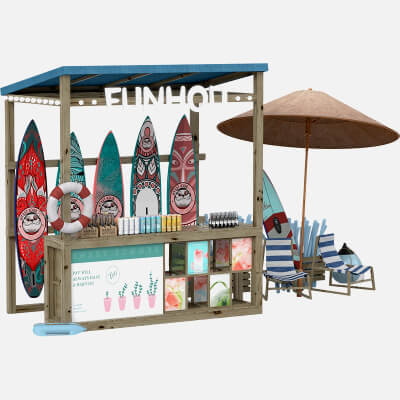 Beach Surf Shop Kiosk with Surfboards Umbrella and Lounge 3D Model