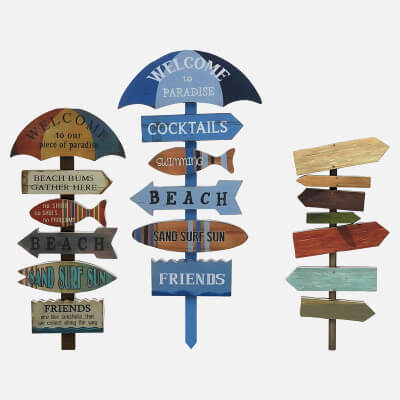 Beach Themed Wooden Directional Signpost Set 3D Model