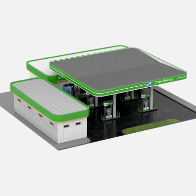 Clean Energy Gas Station Building with Fuel Pumps and Canopy 3D Model