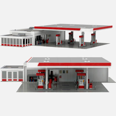 Modern Red and White Gas Station Building with Fuel Pumps 3D Model