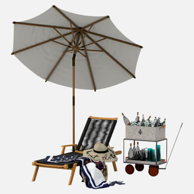 Outdoor Patio Lounge Set with Umbrella Chaise and Drink Cart 3D Model