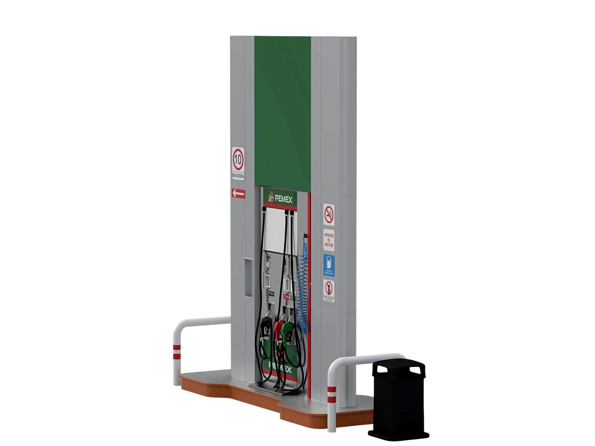 Pemex Branded Gas Pump Station with Safety Bollards Trash 3D Model