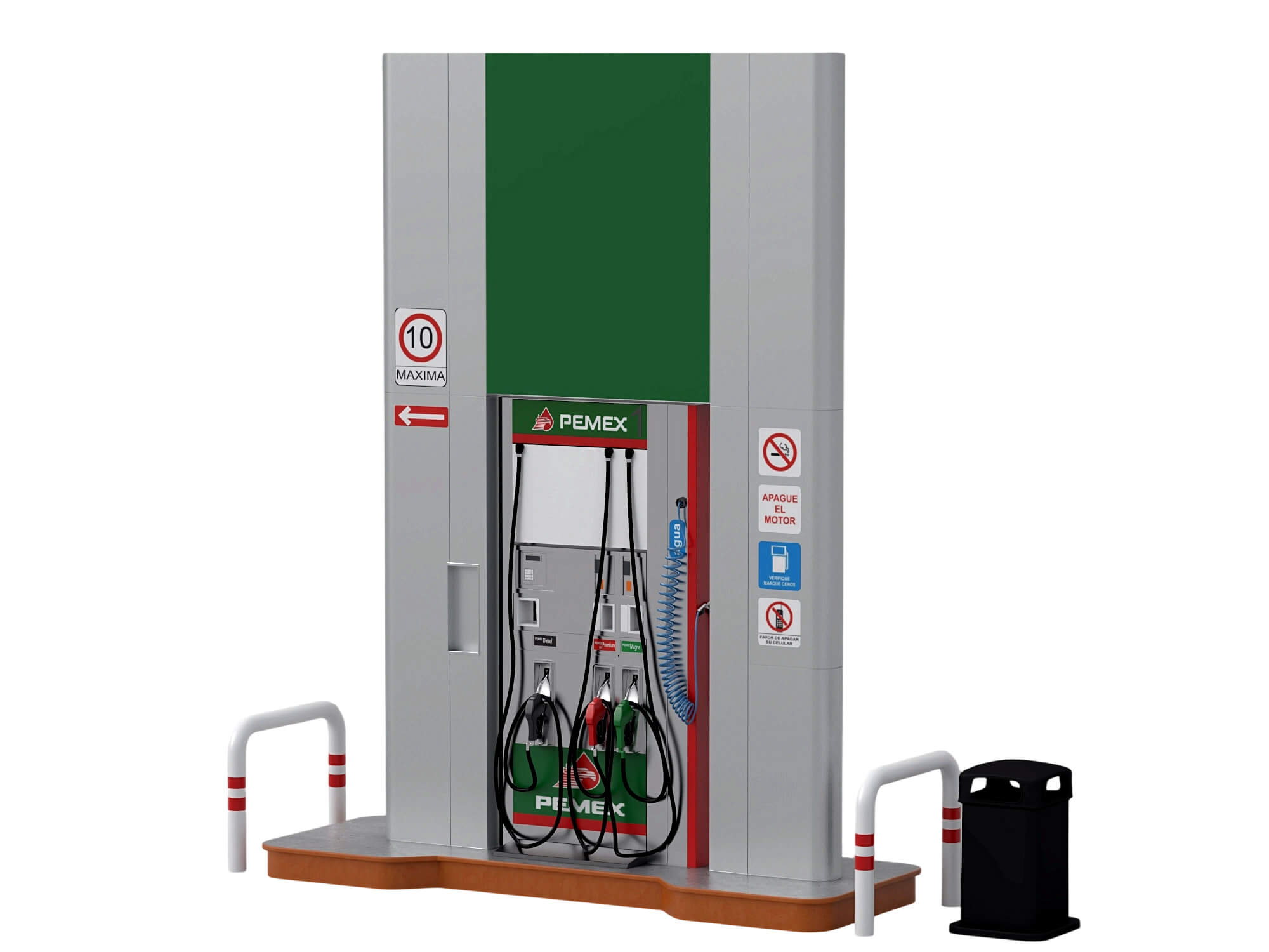 Pemex Branded Gas Pump Station with Safety Bollards Trash 3D Model