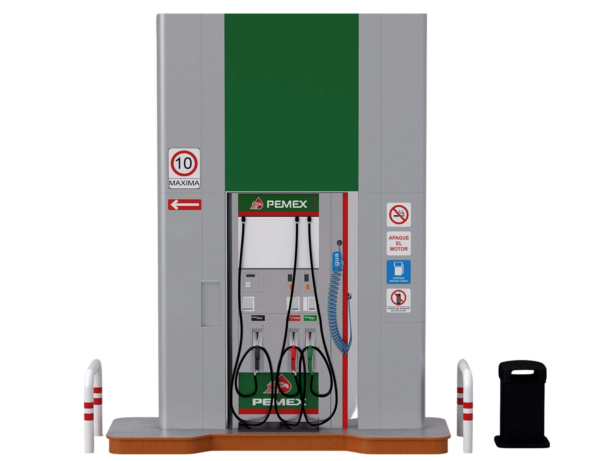 Pemex Branded Gas Pump Station with Safety Bollards Trash 3D Model