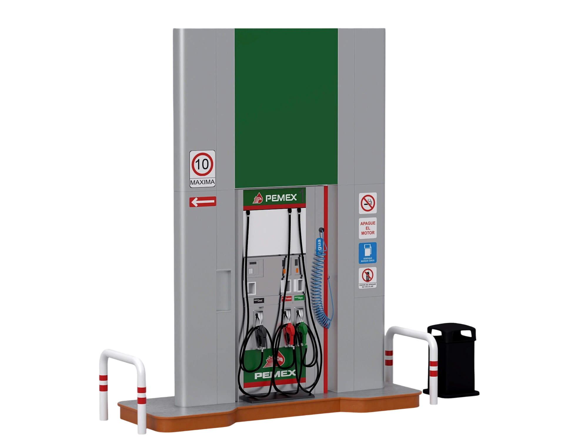 Pemex Branded Gas Pump Station with Safety Bollards Trash 3D Model
