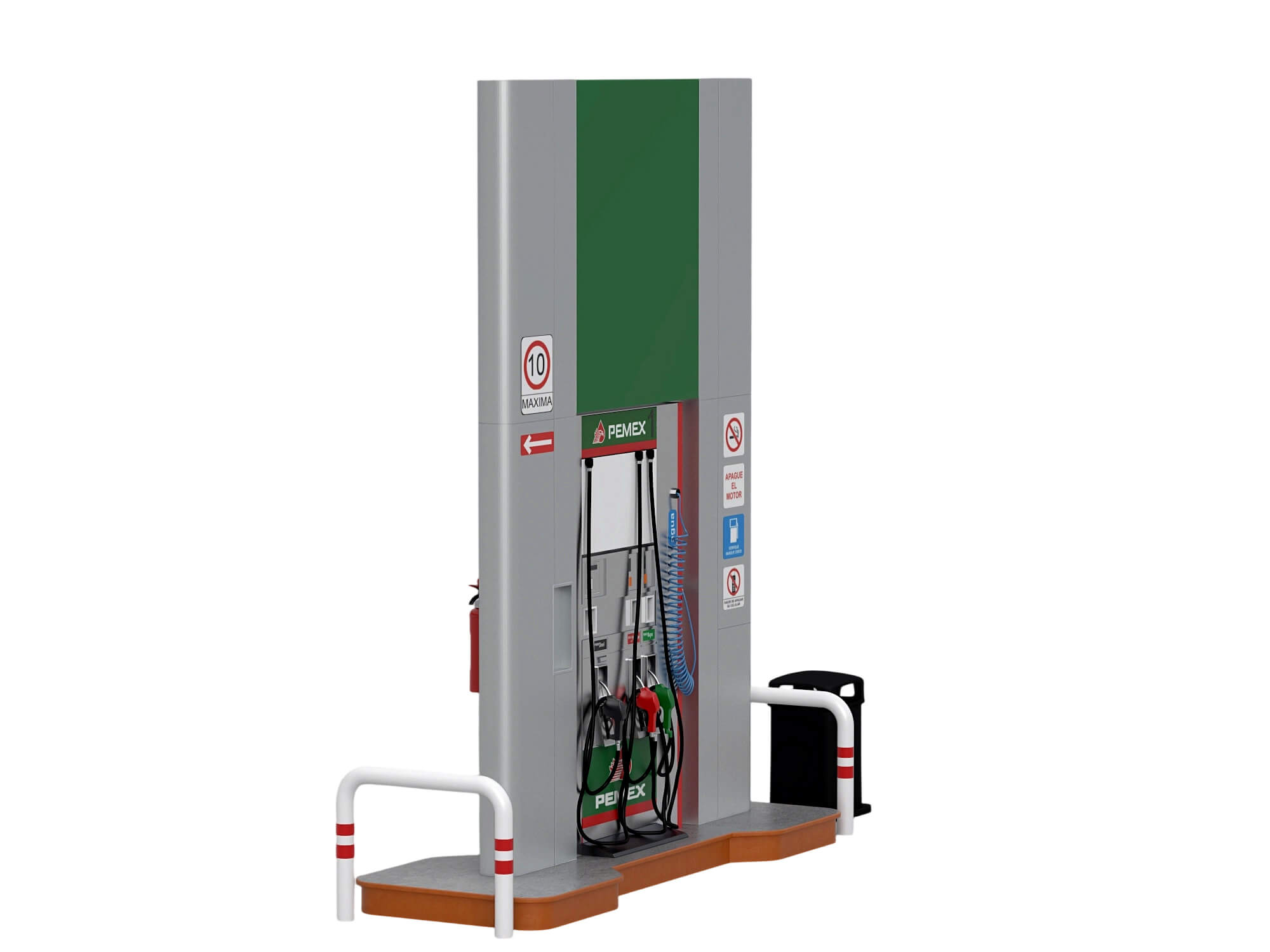 Pemex Branded Gas Pump Station with Safety Bollards Trash 3D Model