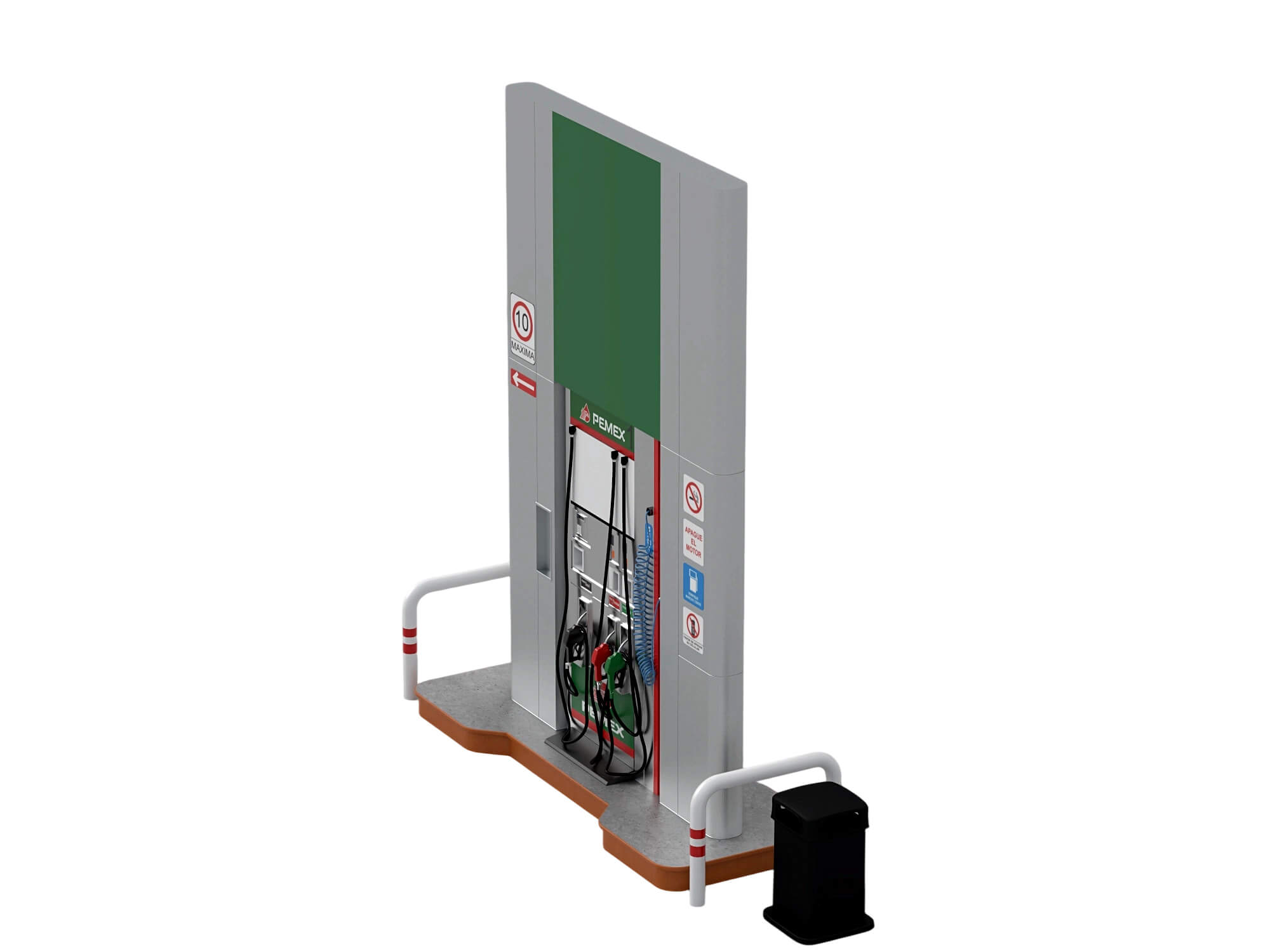 Pemex Branded Gas Pump Station with Safety Bollards Trash 3D Model