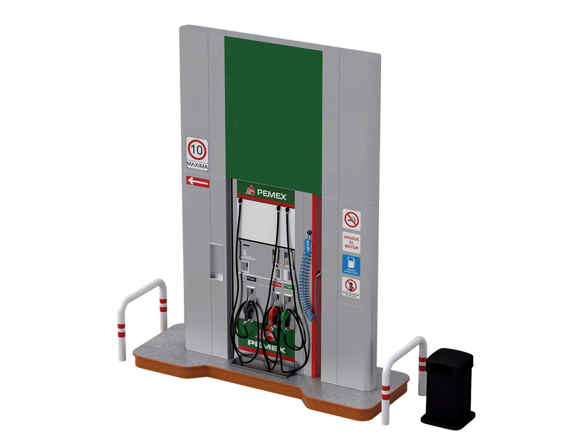 Pemex Branded Gas Pump Station with Safety Bollards Trash 3D Model