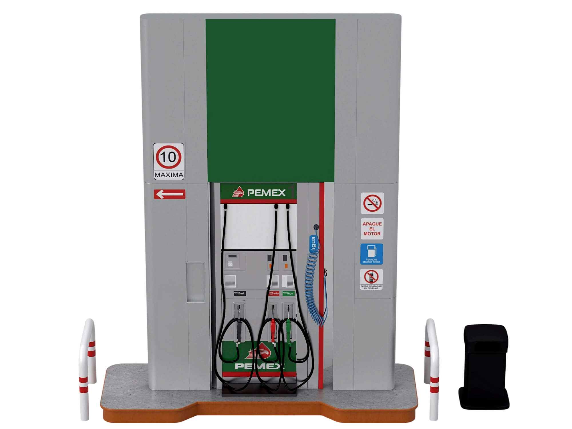 Pemex Branded Gas Pump Station with Safety Bollards Trash 3D Model