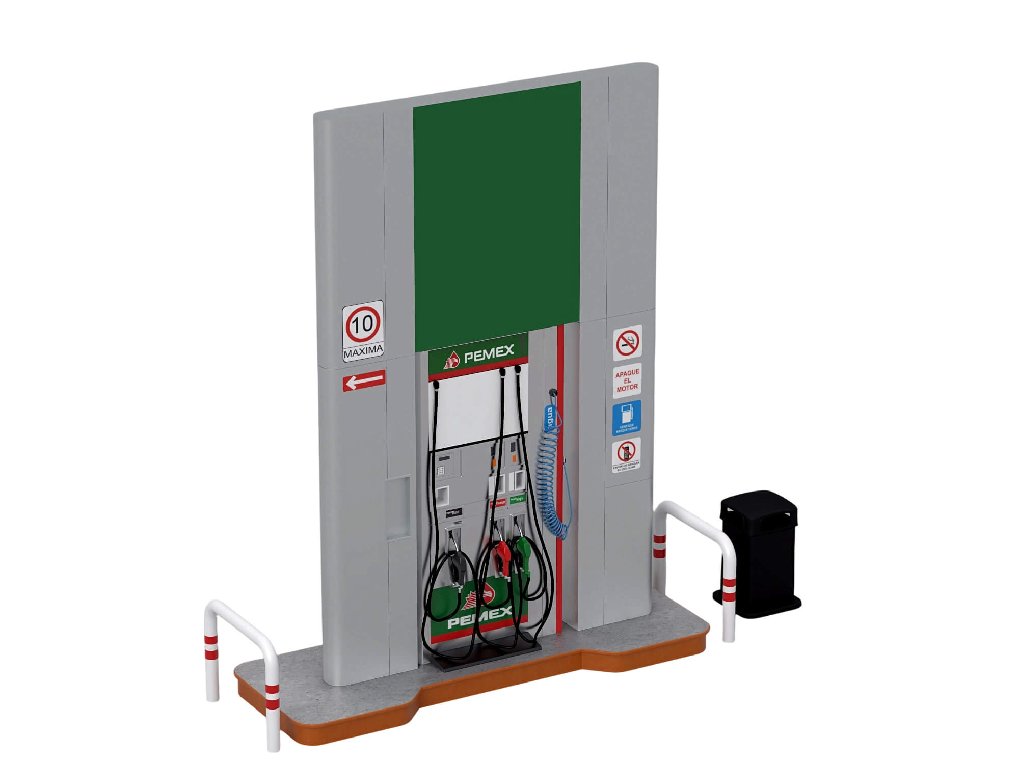 Pemex Branded Gas Pump Station with Safety Bollards Trash 3D Model