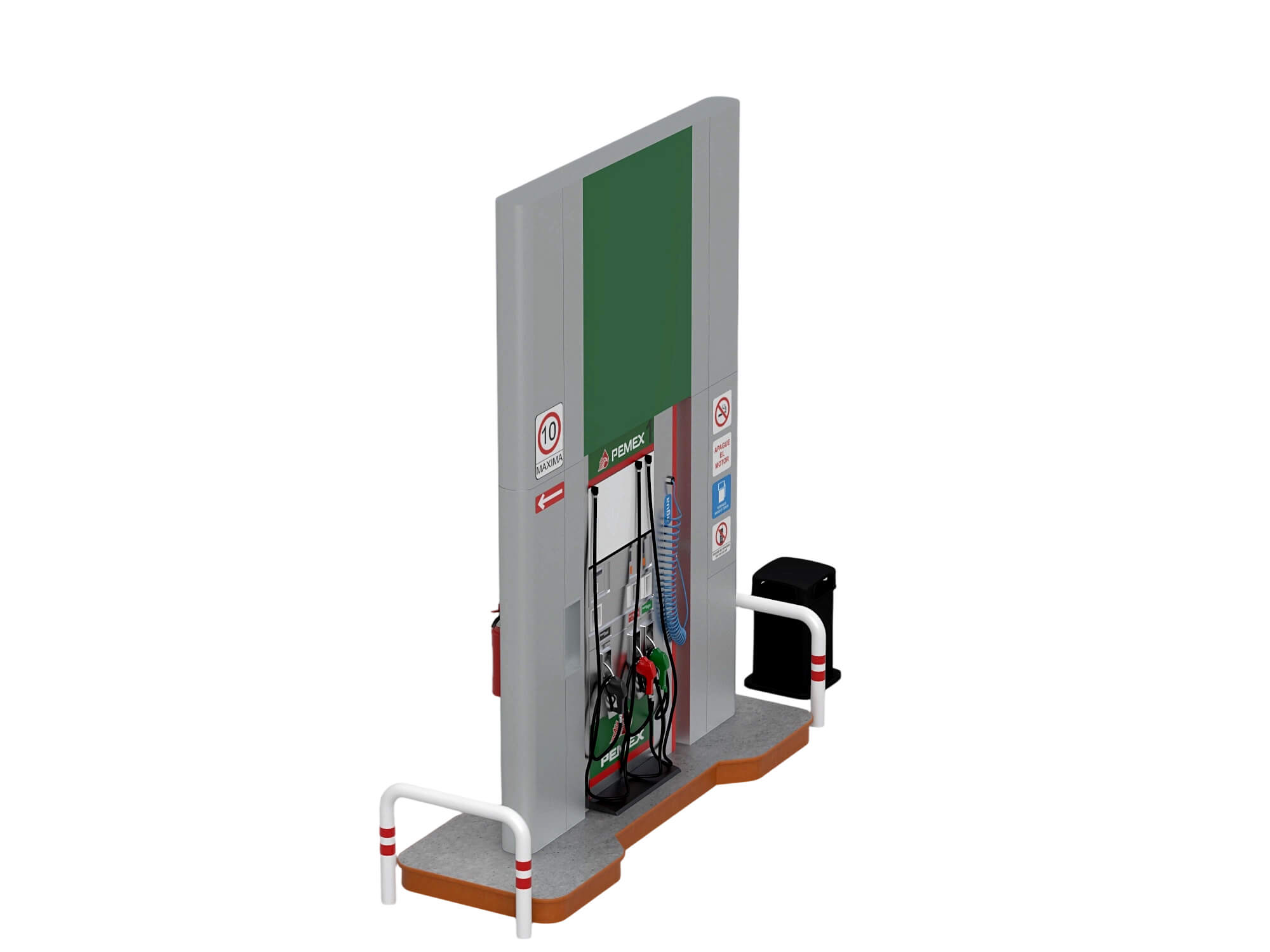 Pemex Branded Gas Pump Station with Safety Bollards Trash 3D Model