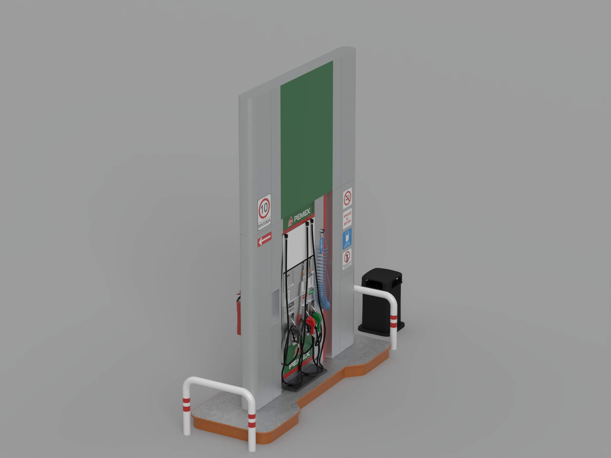 Pemex Branded Gas Pump Station with Safety Bollards Trash 3D Model
