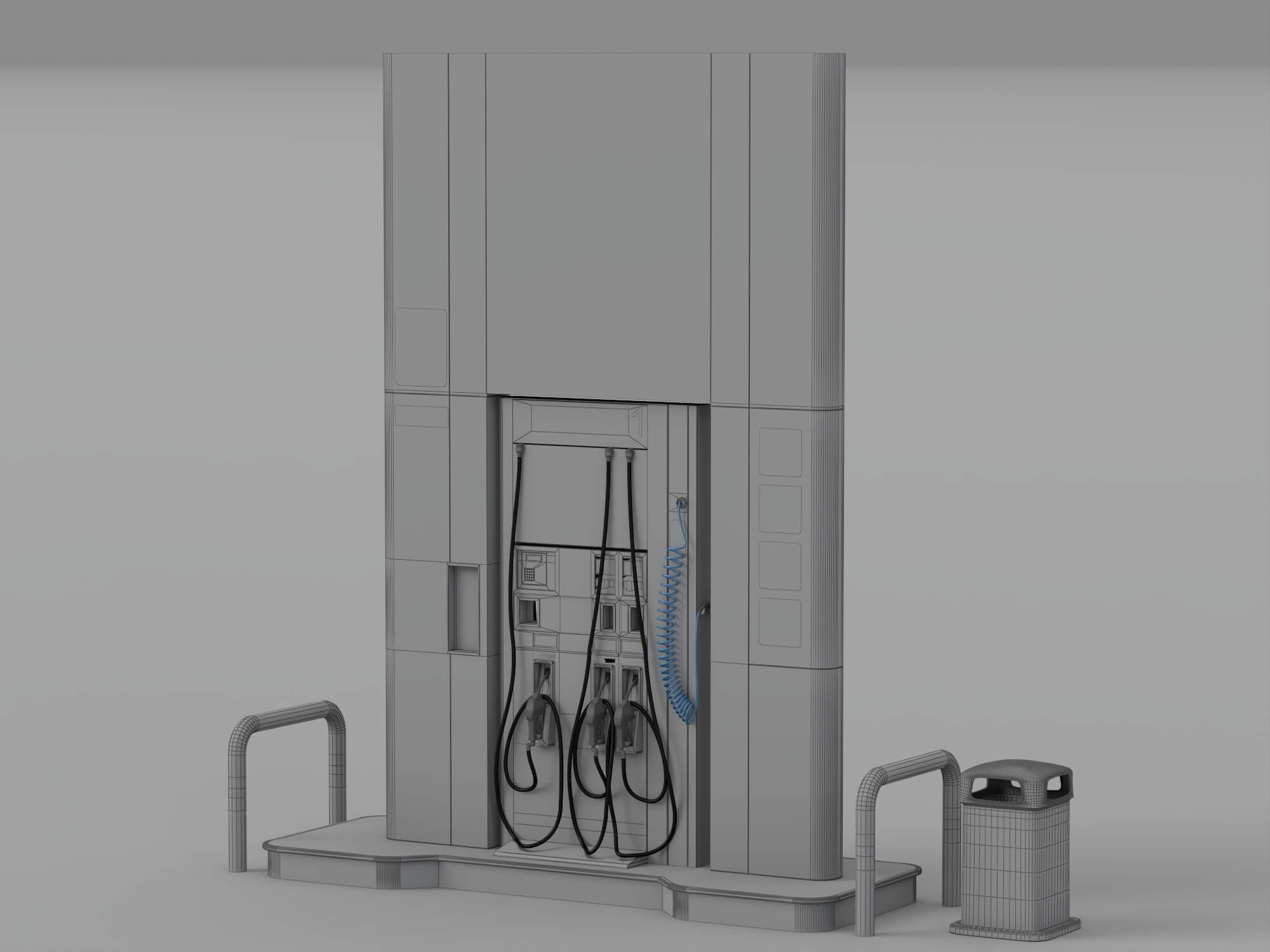 Pemex Branded Gas Pump Station with Safety Bollards Trash 3D Model