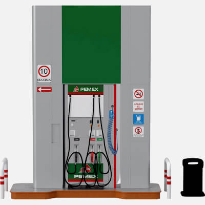 Pemex Branded Gas Pump Station with Safety Bollards Trash 3D Model