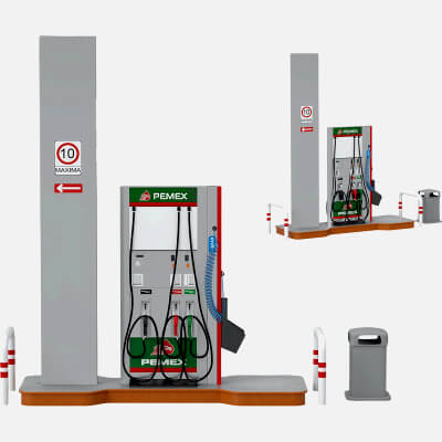 Pemex Gas Station Fuel Dispenser Island Set Sign Bollards 3D Model
