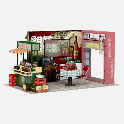 Retro Chinese Snow Beer Street Food Stall Scene 3D Model