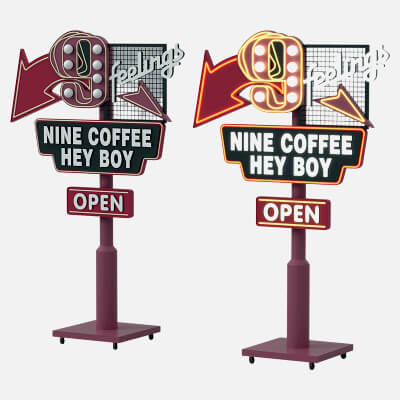 Retro Coffee Shop Standing Neon Sign unlit and Lit Versions 3D Model