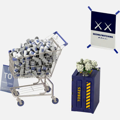 Shopping Cart Filled with Cups Cabinet Poster and Sign Scene 3D Model