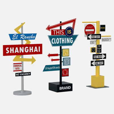 Three Decorative Directional Signpost Stands with Colorful 3D Model